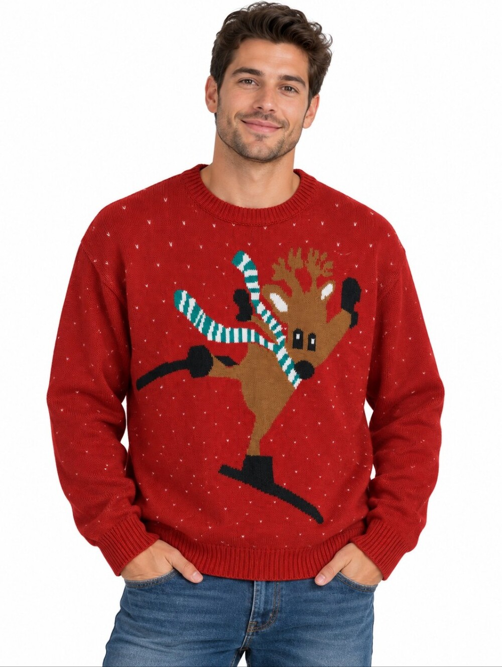 Holiday Time Ugly Christmas Sweater Reindeer Skiing Red L/G